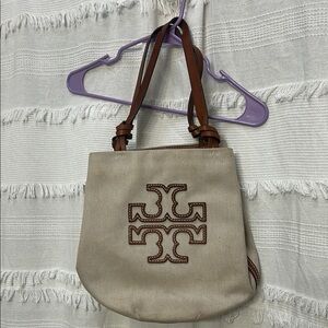 Tory Burch Cream and Brown Shoulder Bag with Logo